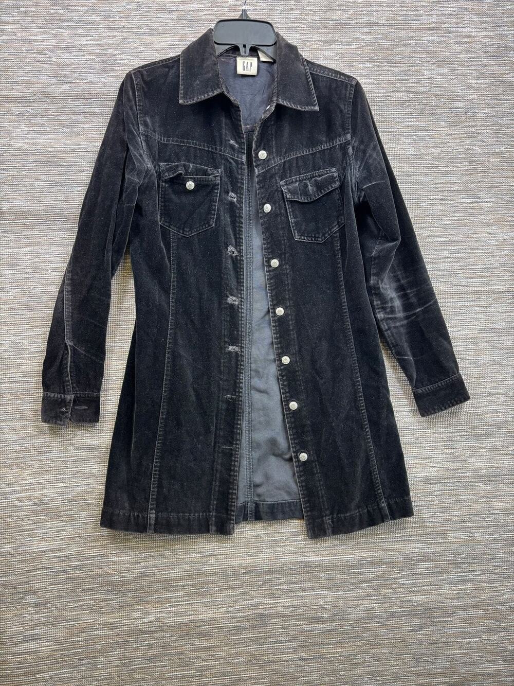 Vintage Gap Coat Womens Size 2 Black Corduroy Snap Mid Length Lined Pockets